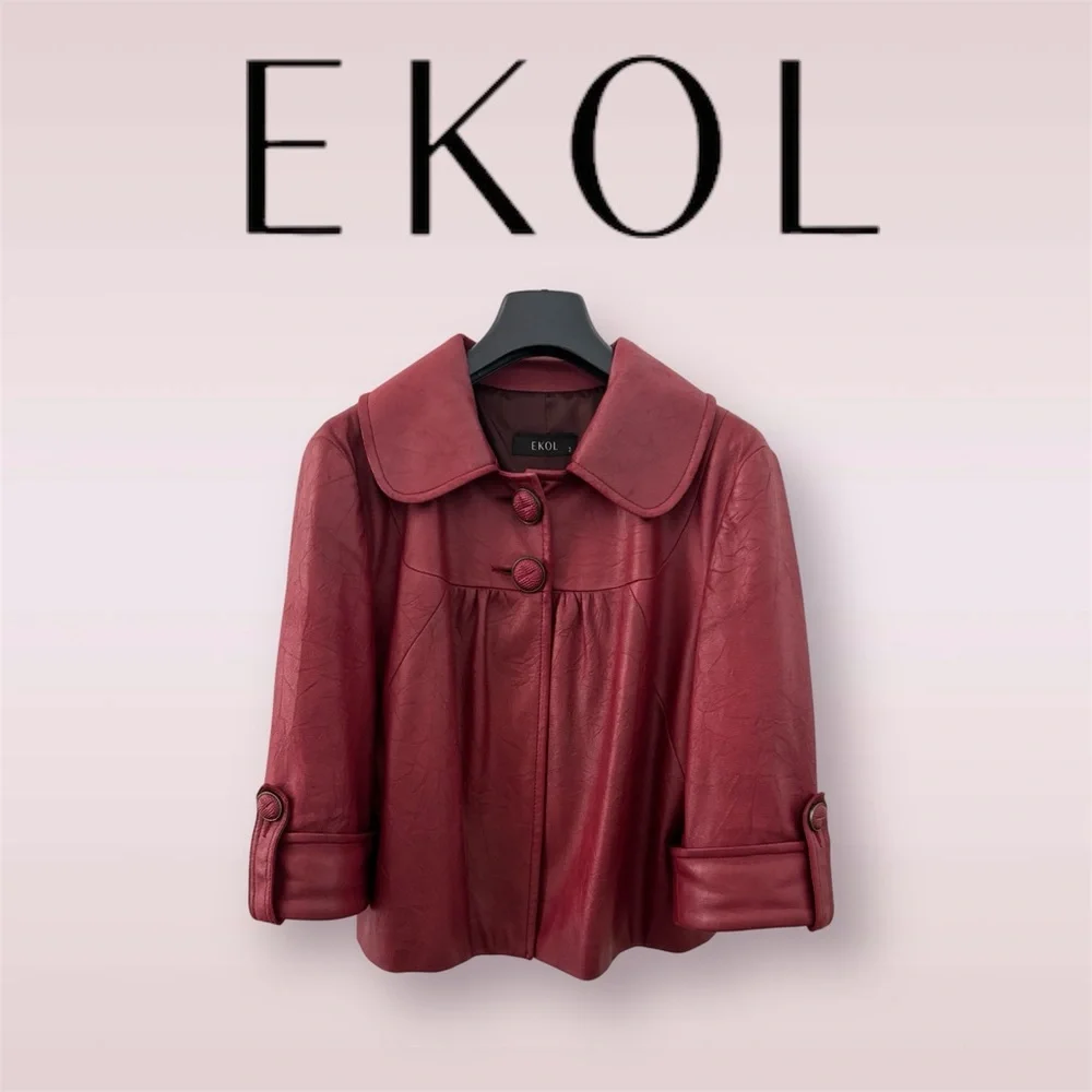 EKOL Women's Faux Leather Textured Hip-length Style Jacket - Picture 2 of 10